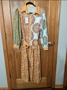 Mixed Floral Patchwork Long Sleeve Shirt Dress in Mustard, Green & Light Blue